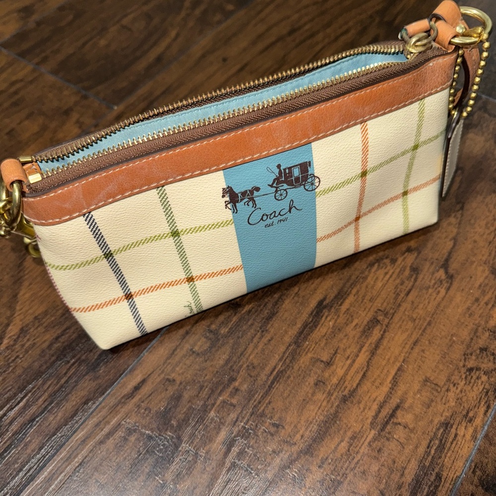 Coach Cream and Blue Small Tote Bag with Plaid Design - Picture 3 of 4